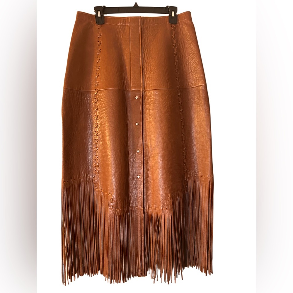 Vintage Leather Fringe Skirt – Western / Boho – Button Front – Brown - Picture 5 of 8